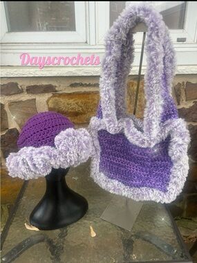 Purple Fuzzy Crochet Handbag and Hat Set